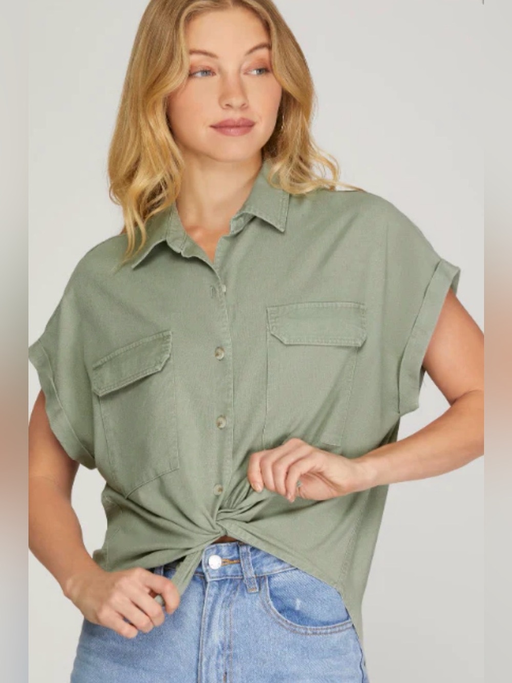 She & Sky Light Green Linen Blend Utility Shirt